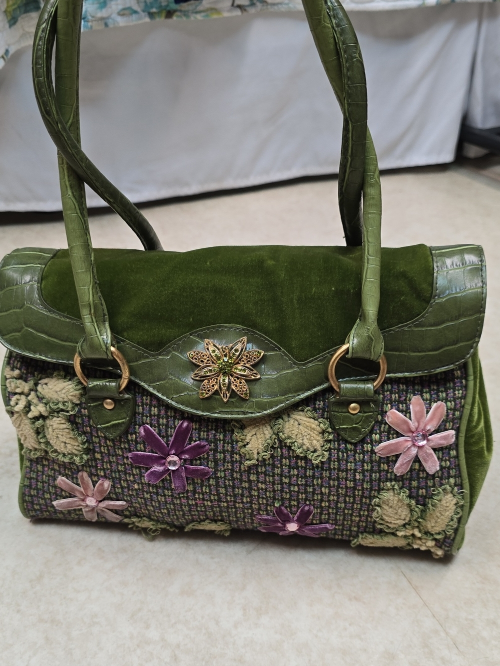 Vintange Green Wool & Velvet Floral Patchwork Shoulder Bag